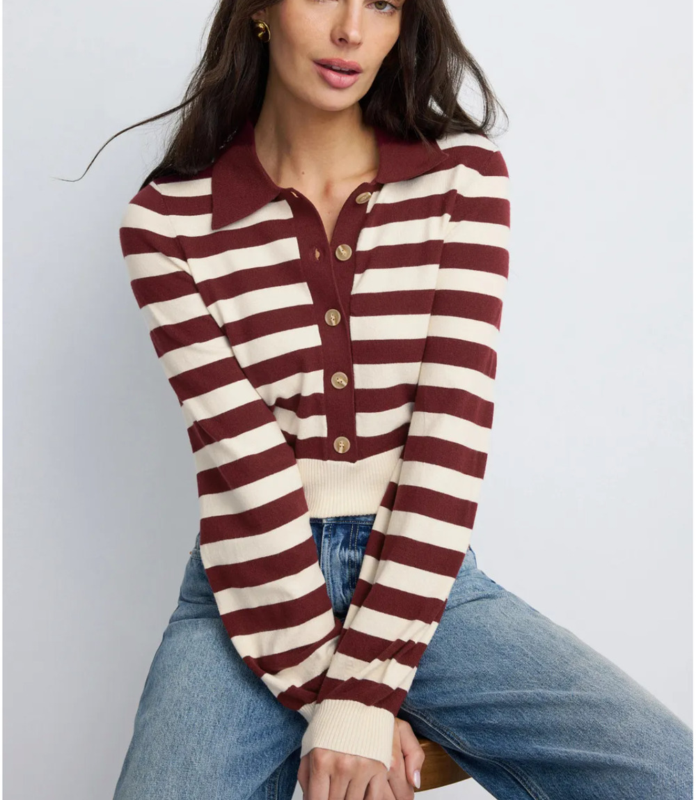 Favorite Daughter Burgundy Striped Polo Sweater XL Varsity Cropped Preppy $300